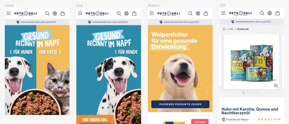 Mobile product browsing mockup — carousel cards with food imagery and pricing on a lifestyle background
