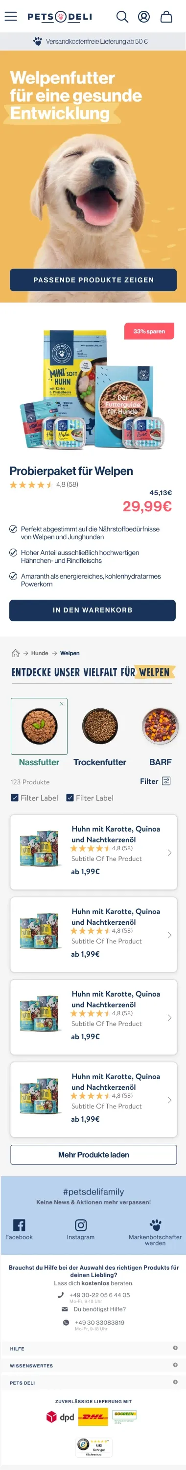 Puppy food category page — life-stage header with hero image, product grid below, and trial pack bundle surfaced mid-page for first-time buyers