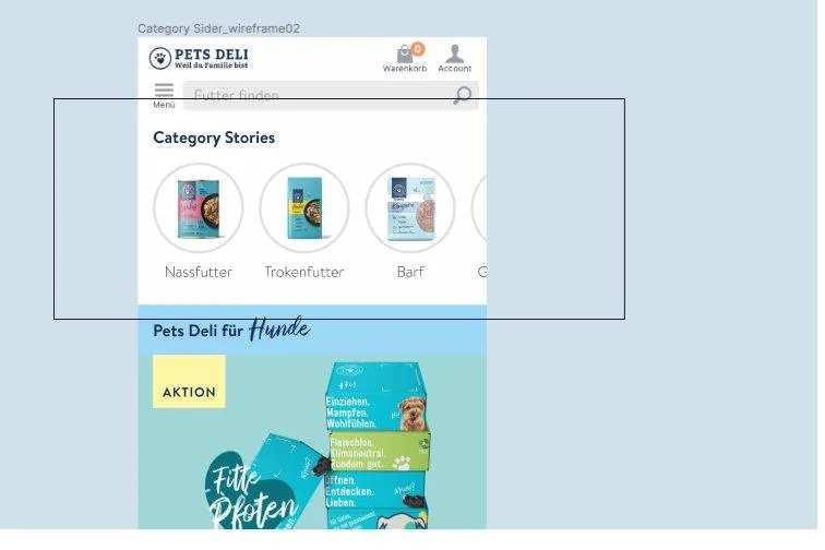 Category Stories wireframe — circular entry points with placeholder labels for Nassfutter, Trokenfutter, Barf