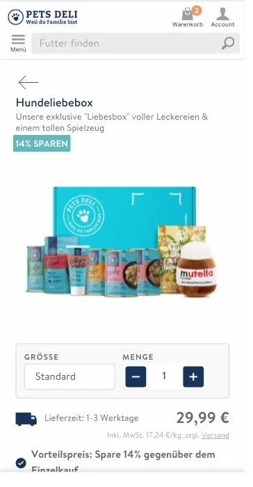 Product detail page showing ingredient list, nutritional breakdown, and Hundeliebe box product imagery above the fold