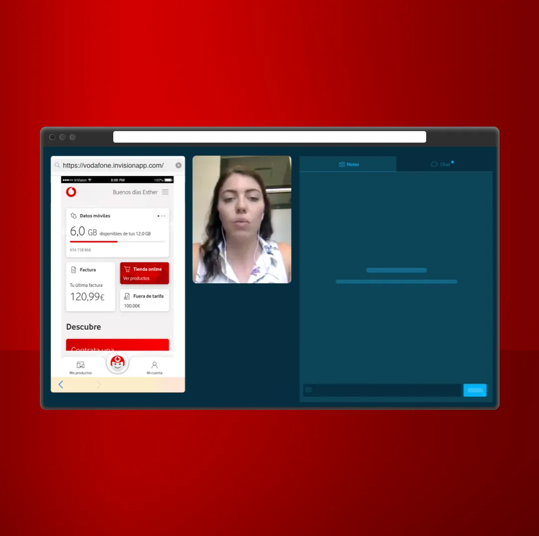 InVision clickable prototype screens showing early user testing flows — task-based navigation from product listing through configuration to checkout, tested remotely via Lookback.io with 10 existing Vodafone customers