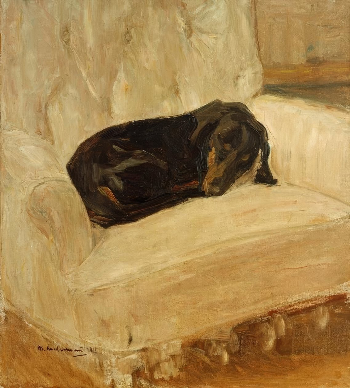 Dachshund on a sofa, M. Kaufmann, 1915