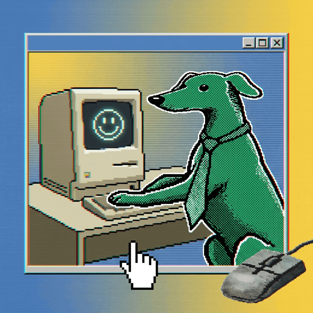 Green halftone greyhound using a vintage Macintosh inside a Windows 95 window