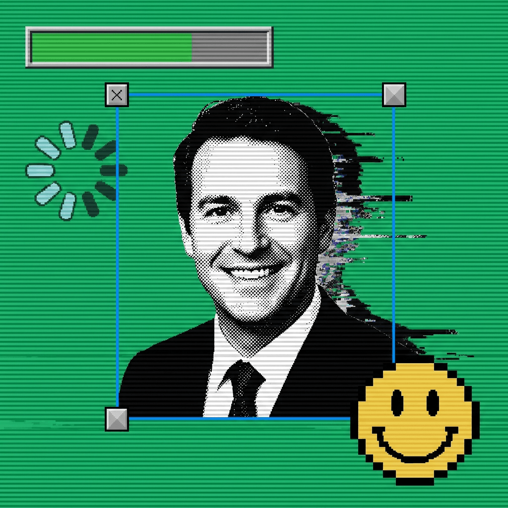 Halftone corporate headshot dissolving into digital glitch, with a loading bar and pixel smiley
